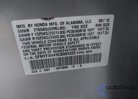 2012 Honda Pilot Ex z USA, uszkodzony, nr VIN 5FNYF4H49CB084325